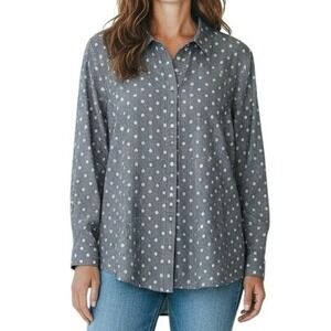 Talbots Button Up Blouse Womens Medium Navy Blue Polka Dot Striped Long‎ Sleeve